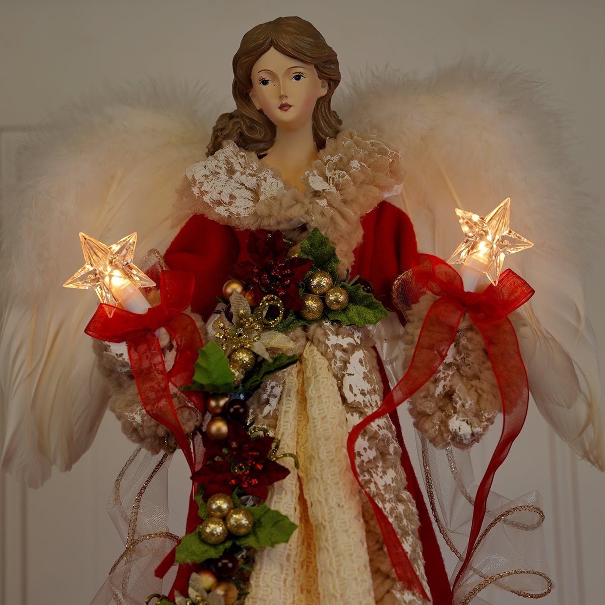 Red and Ivory Angel Lighted Tree Topper - Christmas Place