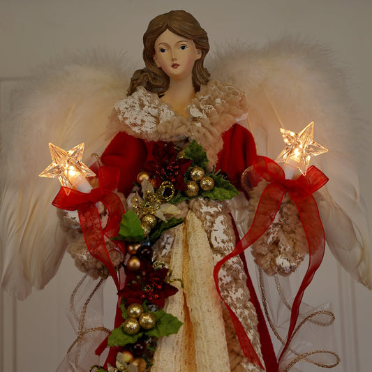 Red and Ivory Angel Lighted Tree Topper - Christmas Place
