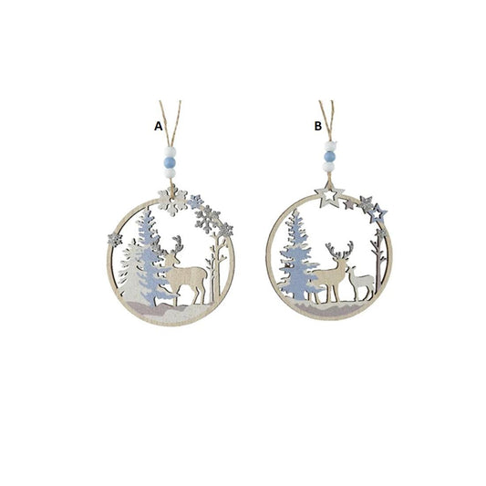 Blue White Deer Wood Circle Ornament