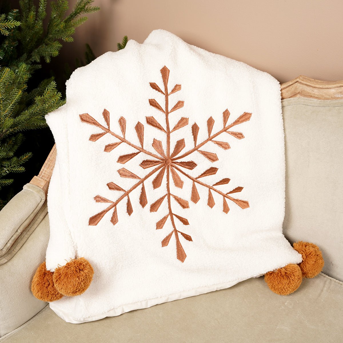 67X51In White Brown Snowflake Throw - Christmas Place