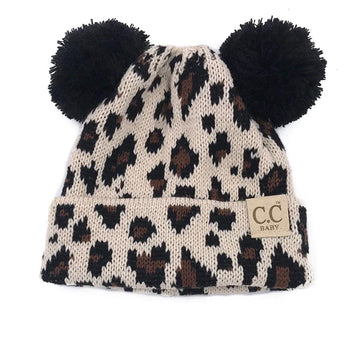 Baby Leopard Beige Double Pom Beanie