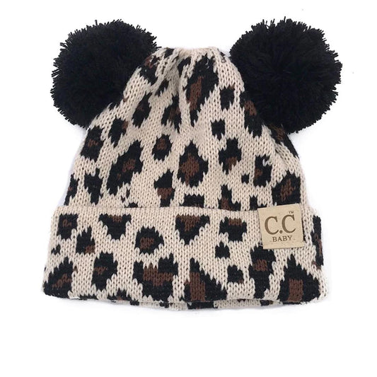 Baby Leopard Beige Double Pom Beanie