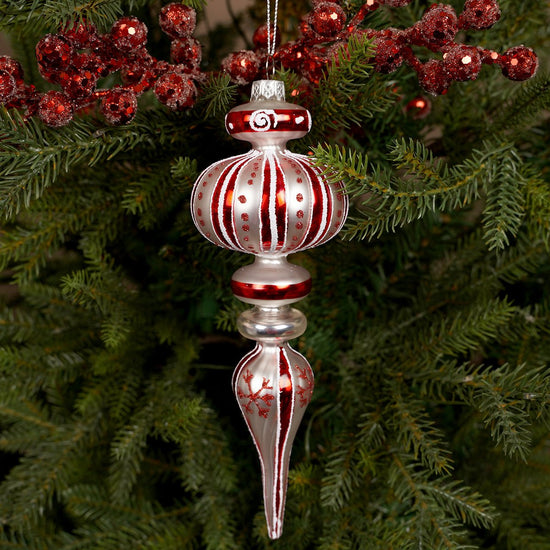 8IN GLASS RED WHITE ICICLE - Christmas Place