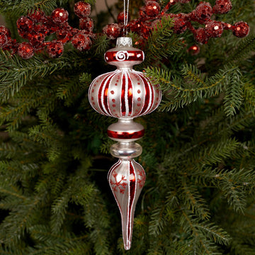 8IN GLASS RED WHITE ICICLE - Christmas Place