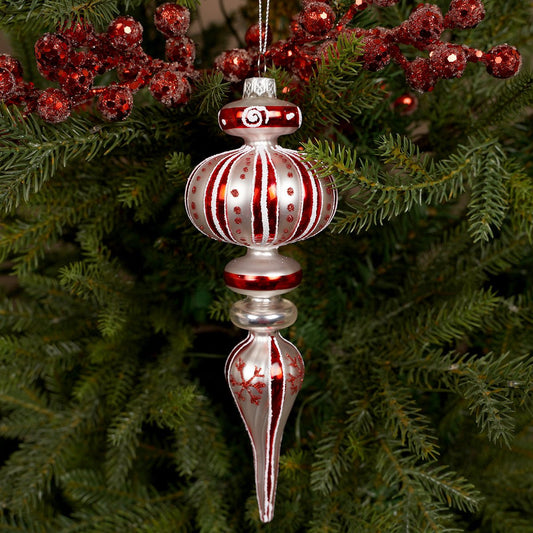 8IN GLASS RED WHITE ICICLE - Christmas Place