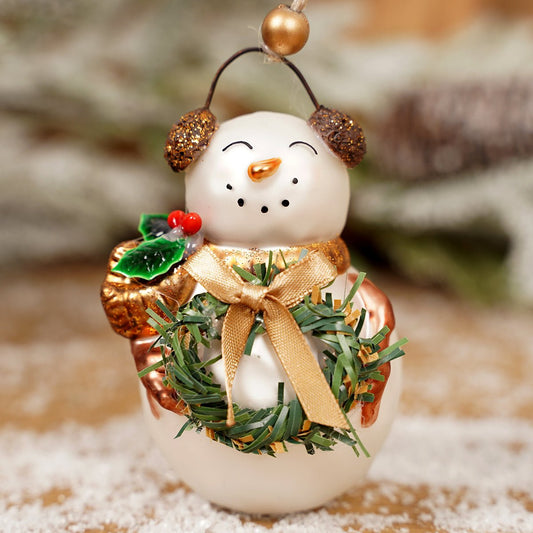 Glass Snowman With Wreath Ornament - Christmas Place