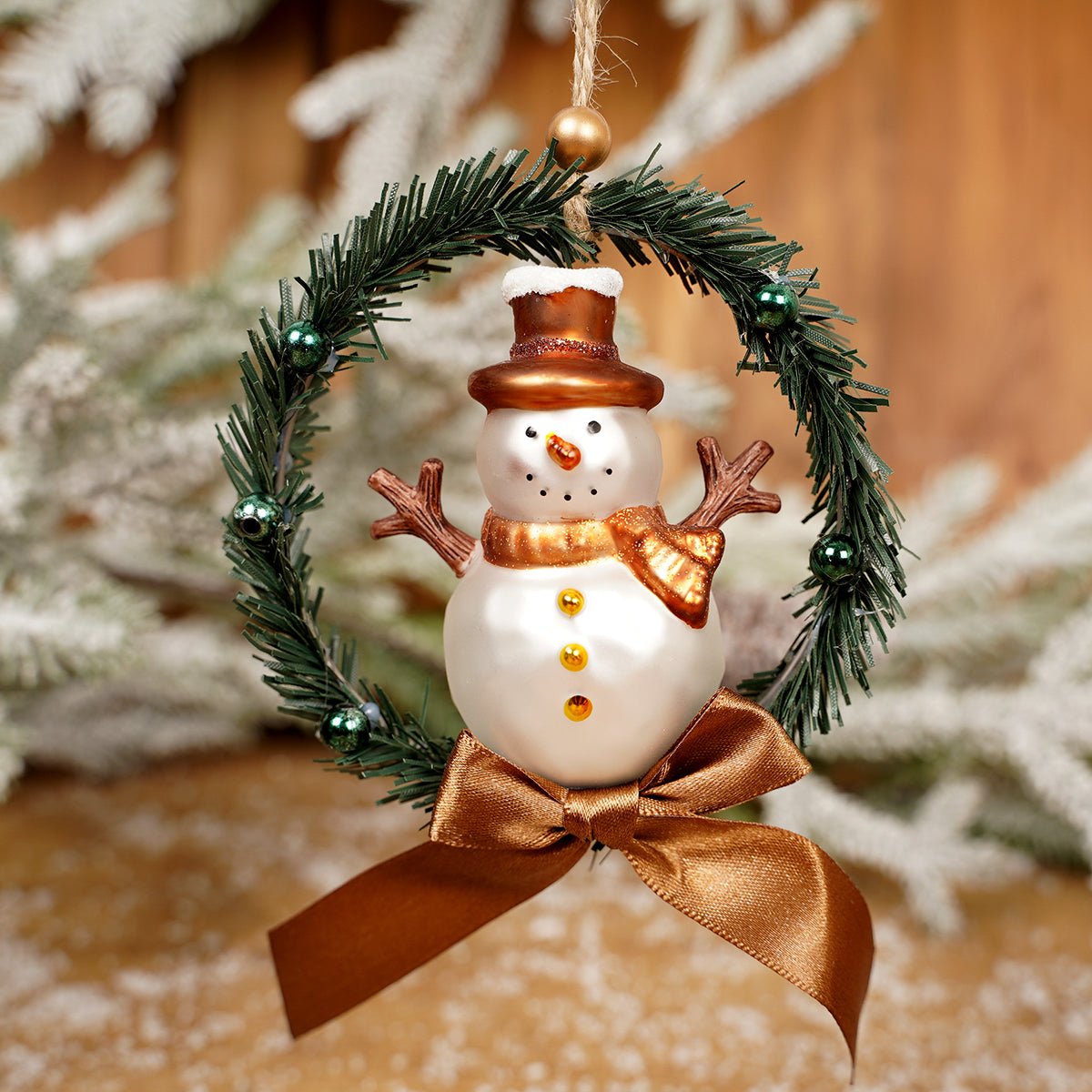 Glass Snowman In Green Wreath Ornament - Christmas Place
