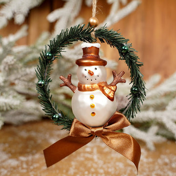 Glass Snowman In Green Wreath Ornament - Christmas Place