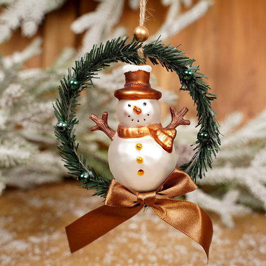 Glass Snowman In Green Wreath Ornament - Christmas Place