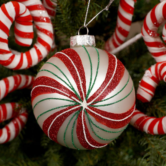 4.5IN GLASS PEPPERMINT BALL - Christmas Place