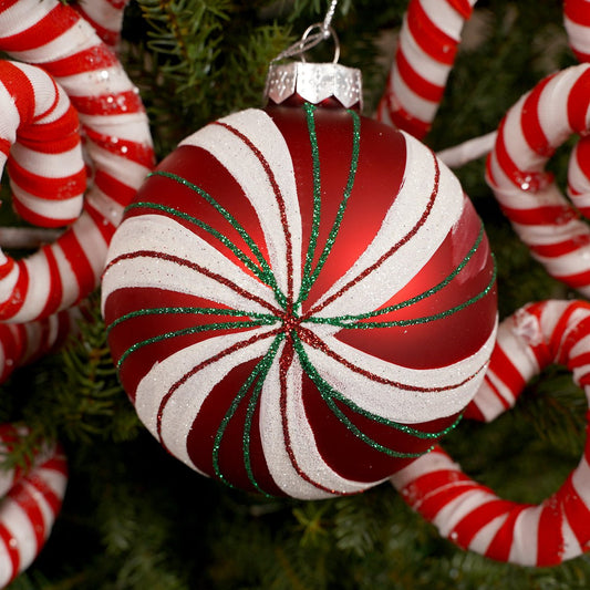 4.5IN GLASS PEPPERMINT BALL - Christmas Place