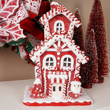 10IN LT RED WHITE GINGERBREAD HOUSE - Christmas Place