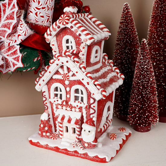 10IN LT RED WHITE GINGERBREAD HOUSE - Christmas Place
