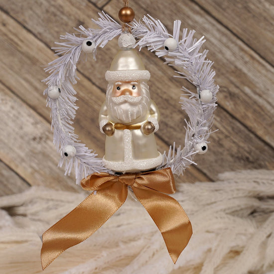 Santa In White Wreath Ornament - Christmas Place