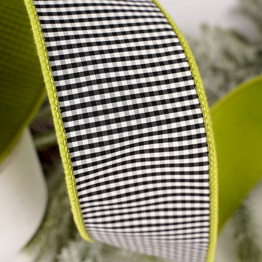 2.5Inch Black White Check Lime Back Ribbon - Christmas Place