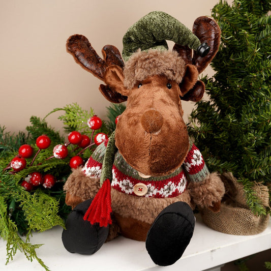 19.5Inch Sitting Moose With Green Hat - Christmas Place