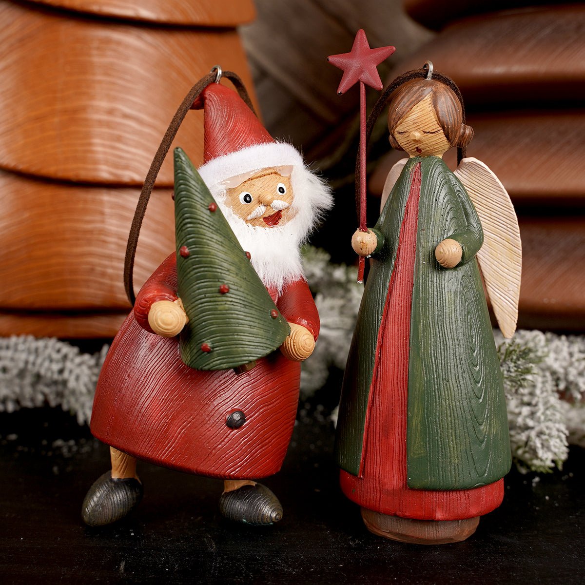 Wooden Santa and Angel Christmas Ornaments Red Green Rustic Christmas Ornaments