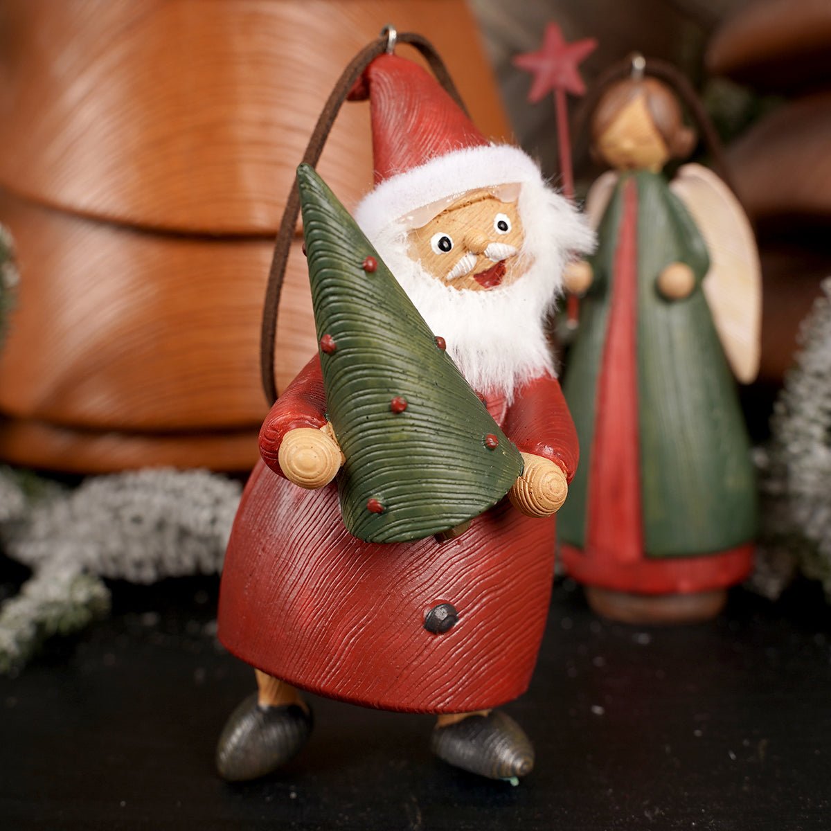Red and Green Santa Claus fluffy white beard green Christmas Tree Wooden Santa and Angel Christmas Ornaments