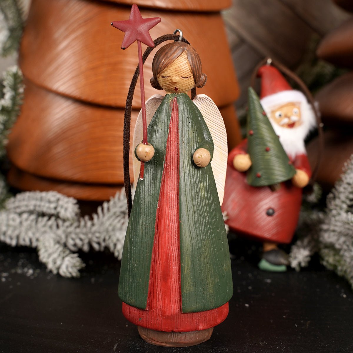 Red and Green Angel Christmas Ornament light brown Angel wings Wooden Santa and Angel Christmas Ornaments