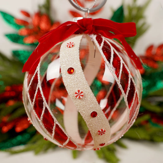 GLASS PINK RED STRIPE BALL ORN - Christmas Place