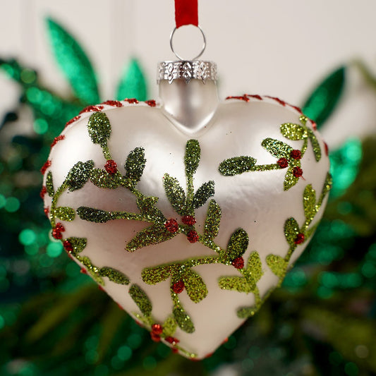 3IN GLASS WHITE HOLLY HEART ORN - Christmas Place