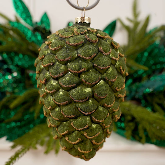 5.5IN GLASS GREEN PINECONE ORN - Christmas Place