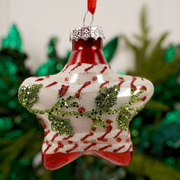 3Inch Glass White Red Green Star Ornament