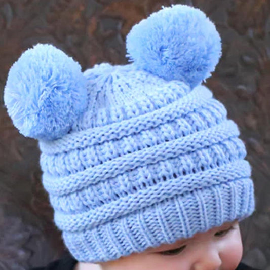 Pale Blue Double Pom Beanie