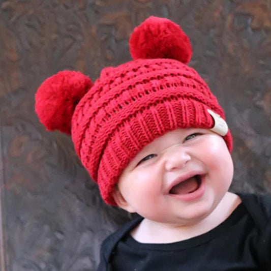 Baby Red Double Pom Beanie