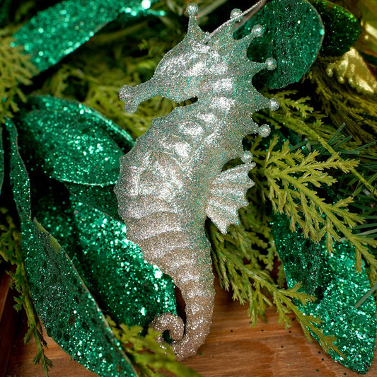 Turquoise Glitter Seahorse Ornament - Christmas Place