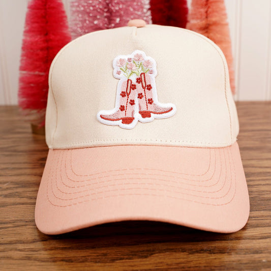 One Size Fits All Pink Flowered Boots Canvas Adjustable Hat - Christmas Place