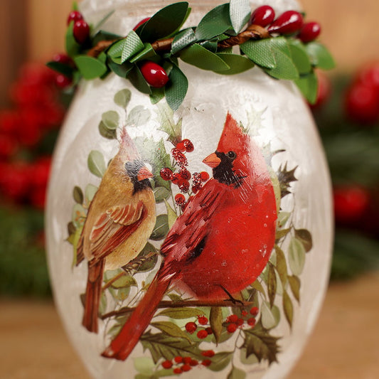 Holly Berries Holly Leaves at top Christmas Cardinals Painted Glass Jar - Christmas Place