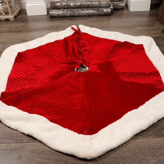 Dark Red Christmas Tree Skirt White Trim 55 inches diameter - Christmas Place