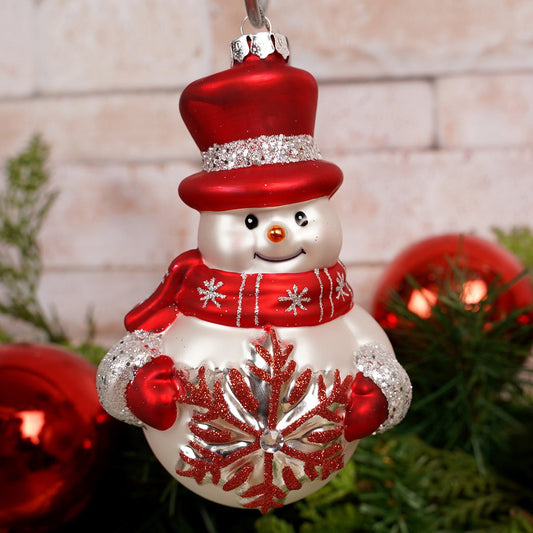 5IN RED SILVER SNOWFLAKE SNOWMAN ORN - Christmas Place