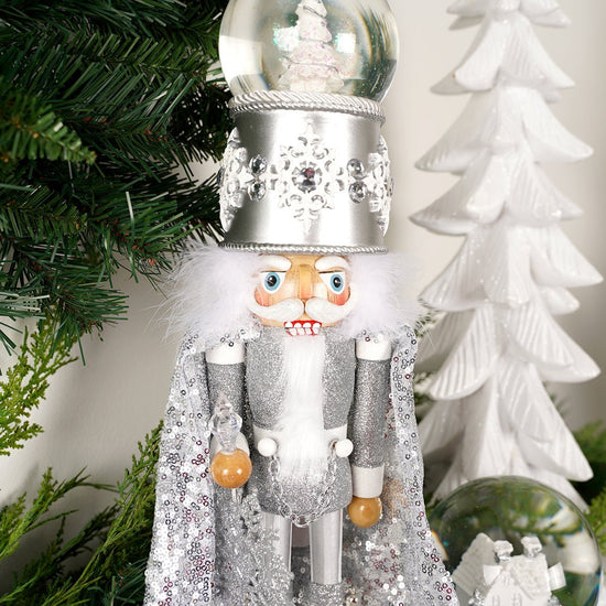 Musical Silver Wooden Nutcracker With Waterball - Christmas Place