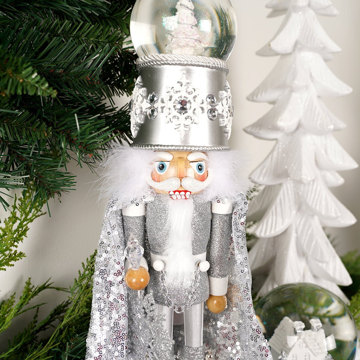 Musical Silver Wooden Nutcracker With Waterball - Christmas Place