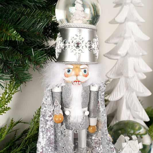Musical Silver Wooden Nutcracker With Waterball - Christmas Place