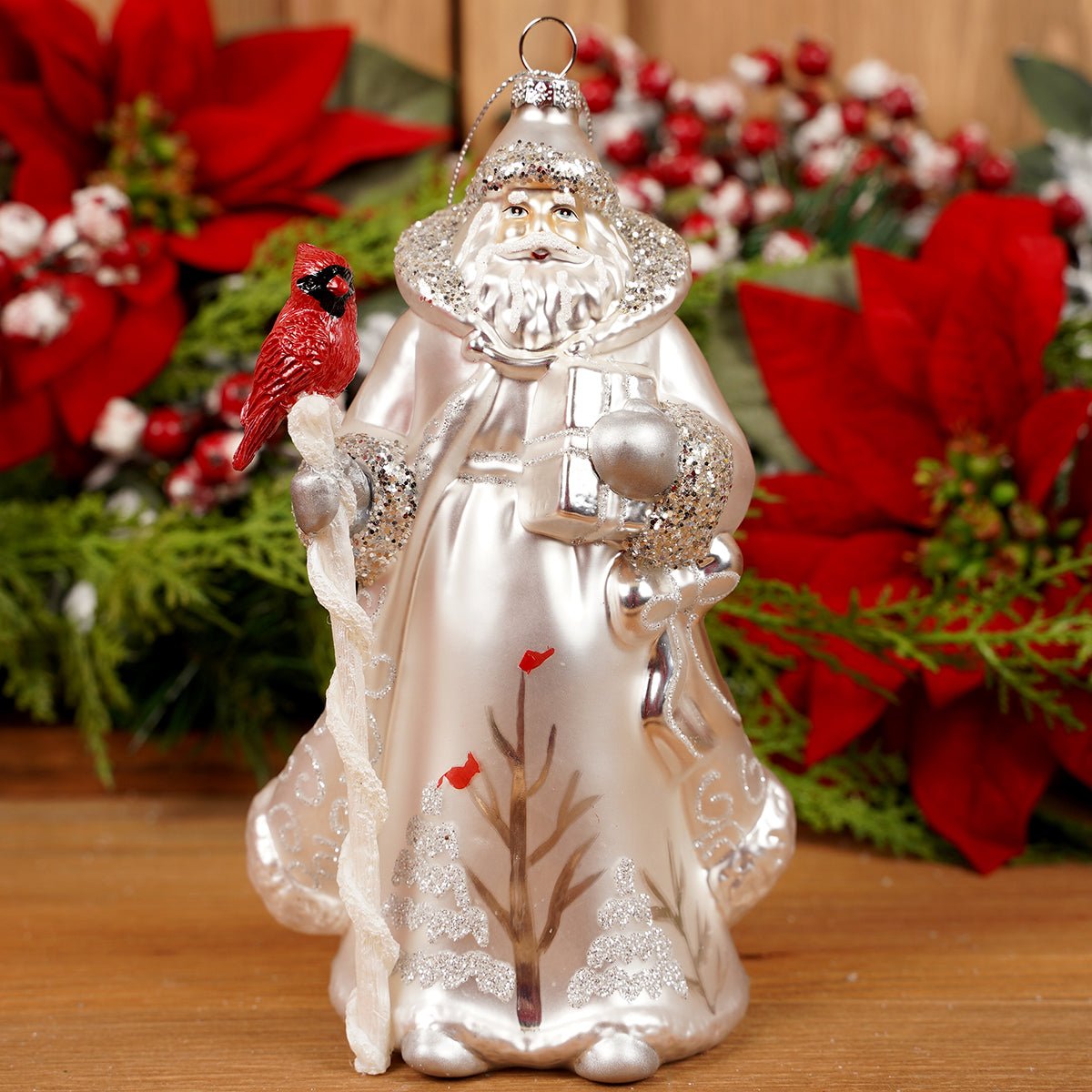 8IN GLASS SILVER SANTA WITH CARDINAL ORN - Christmas Place