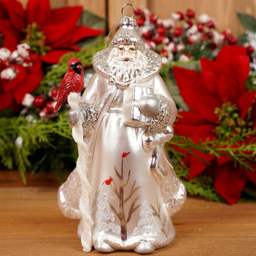 8IN GLASS SILVER SANTA WITH CARDINAL ORN - Christmas Place