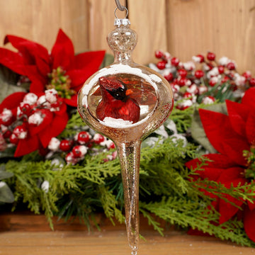 8IN GLASS SILVER CARDINAL FINIAL ORN - Christmas Place