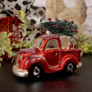 Glass Red Truck with Tree Ornament