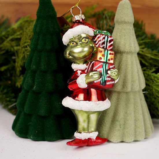 6IN GLASS GRINCH WITH PRESENTS ORN - Christmas Place