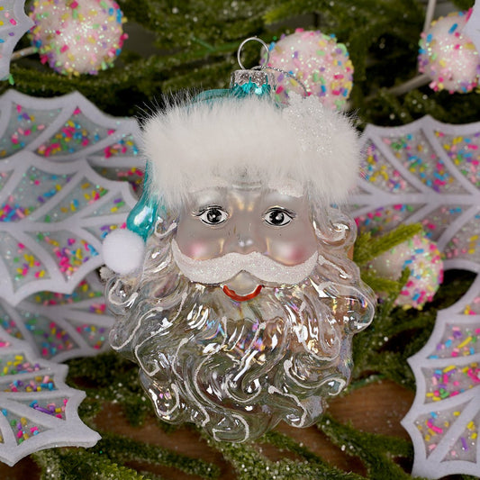 Glass Turquoise Hat Santa Ornament - Christmas Place
