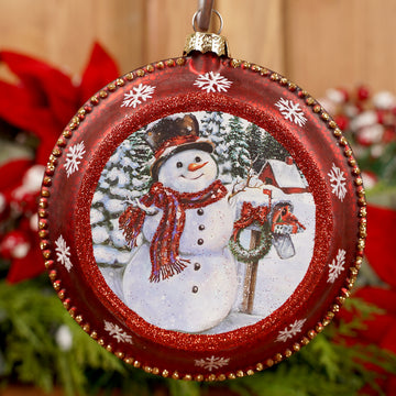 Glass Red Snowman Disc Ornament