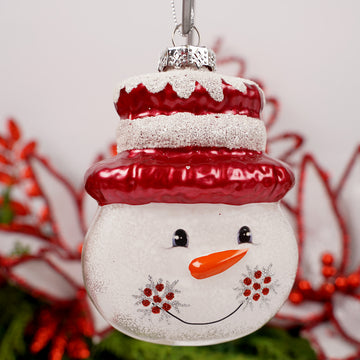 Glass Red Hat Snowman Face Ornament