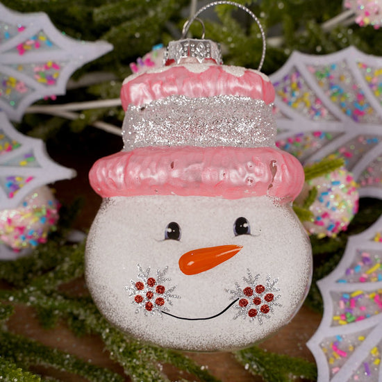 5IN GLASS PINK HAT SNOWMAN FACE ORN - Christmas Place