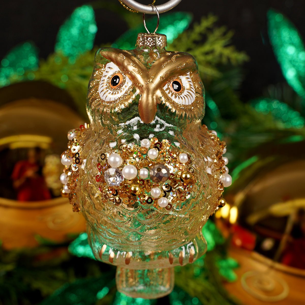 5.5IN GLASS GOLD OWL ORN - Christmas Place