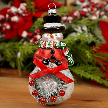 6Inch Glass Snowman With Wreath Ornament