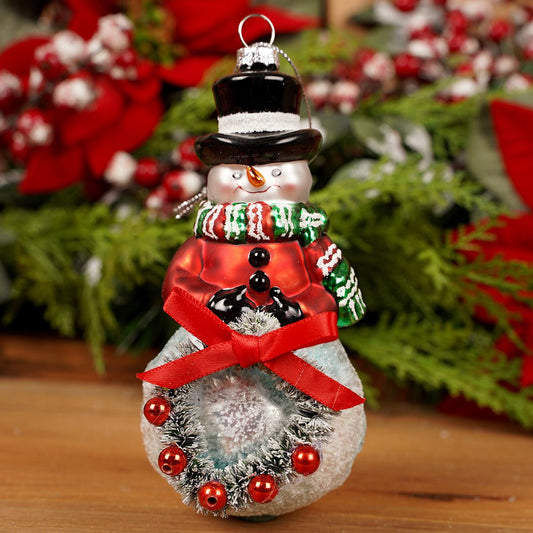 6Inch Glass Snowman With Wreath Ornament - Christmas Place