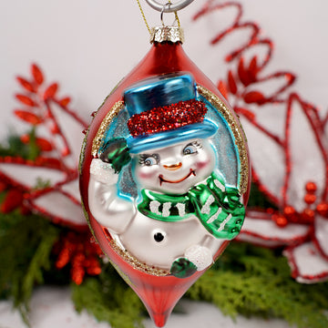 Glass Blue Top Hat Snowman Red Finial